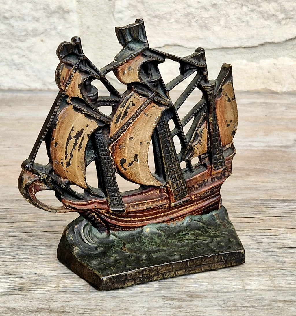 1920s Antique Sand Cast Bronze Mayflower Ship Bookend Paperweight Pattern 110 Original Paint
