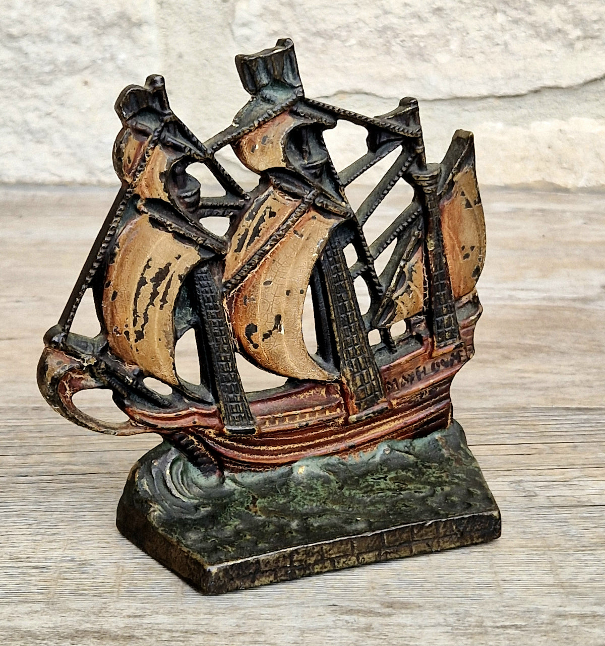 1920s Antique Sand Cast Bronze Mayflower Ship Bookend Paperweight Pattern 110 Original Paint
