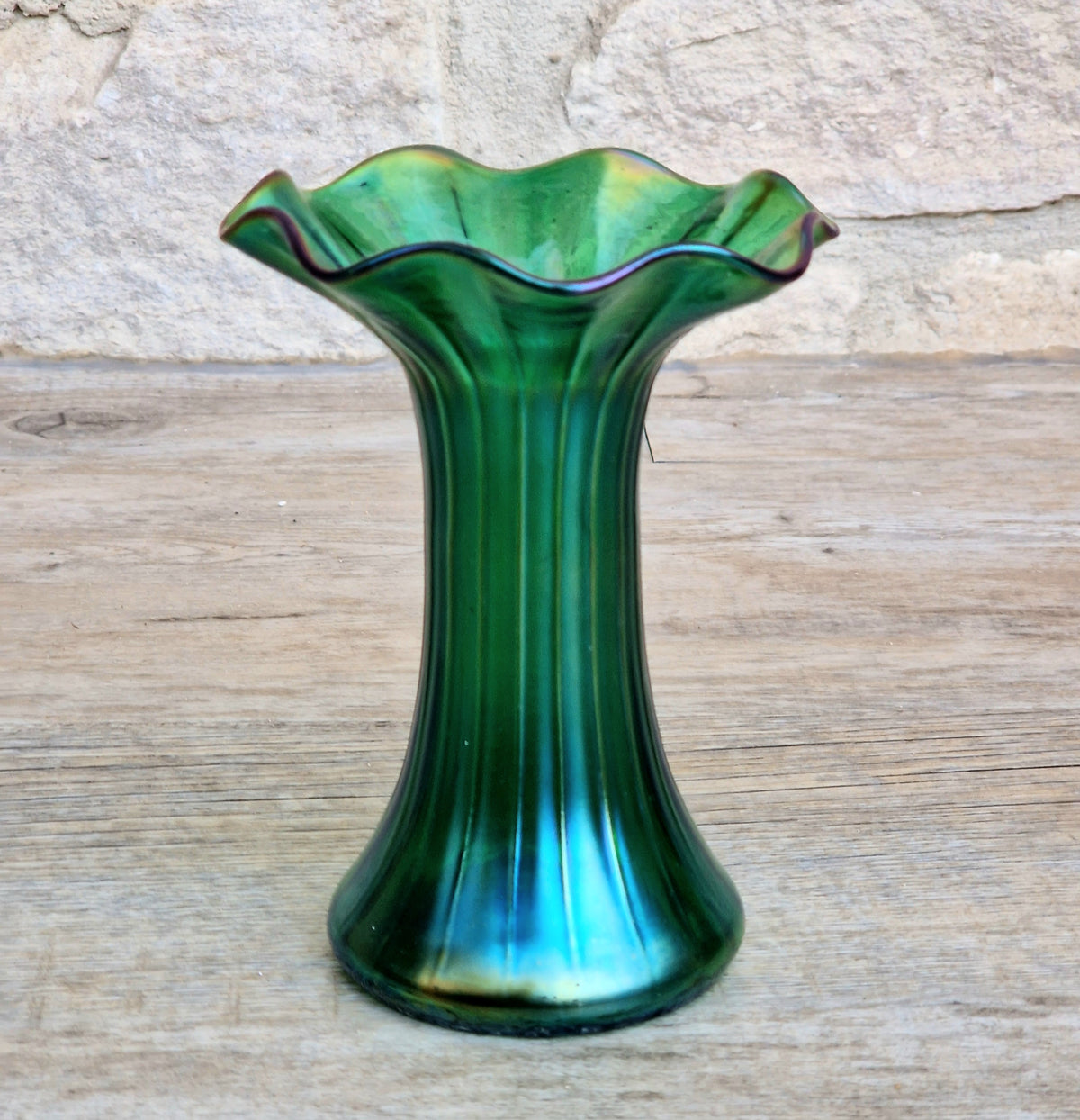 Antique Loetz Art Nouveau Creta Glatt Iridescent Green Glass Fluted Vase Polished Pontil c1900