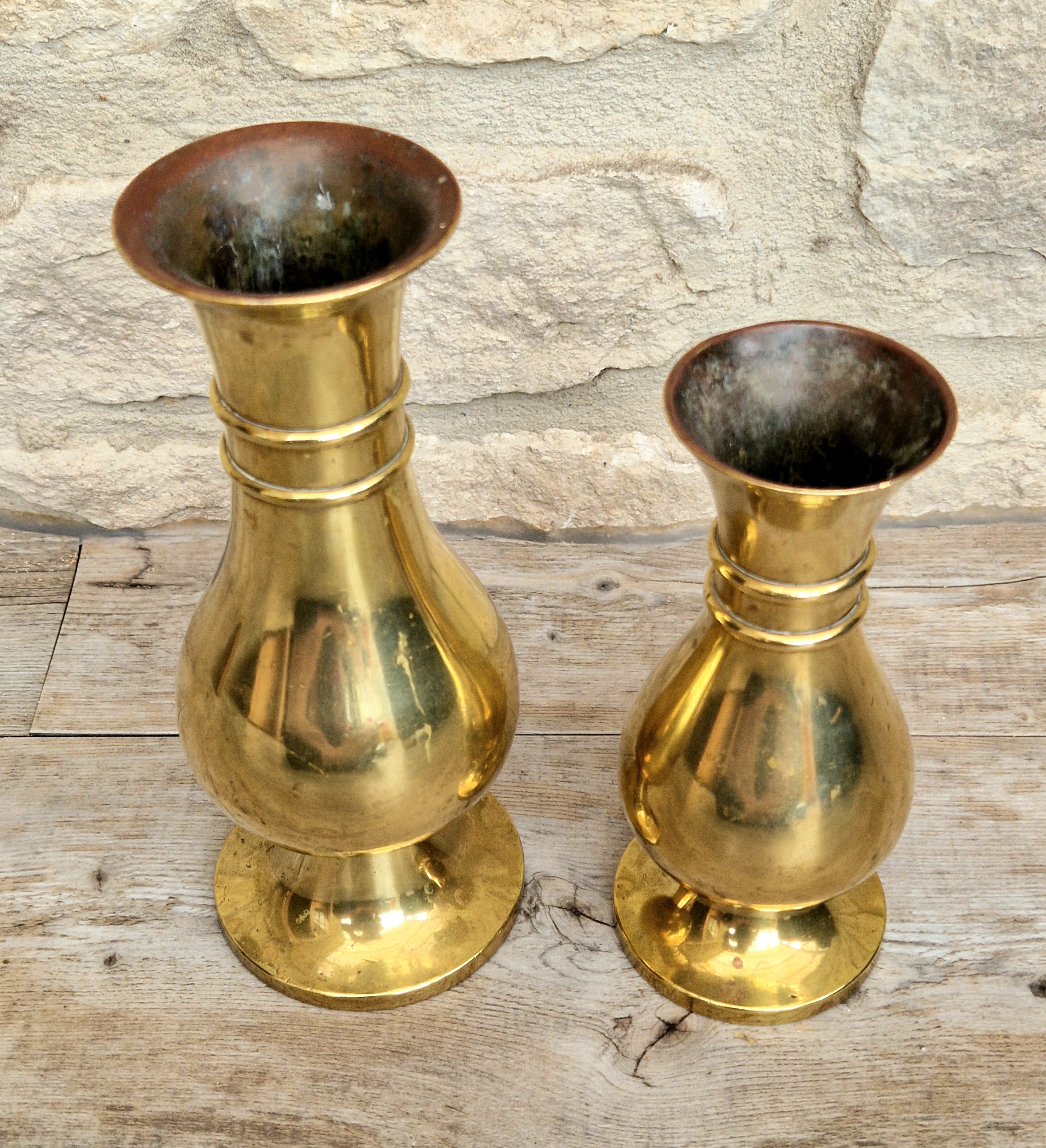 Antique Brass Altar Vases Flared Rim Heavy Pedestal Ecclesiastical Decor Early 20th C.