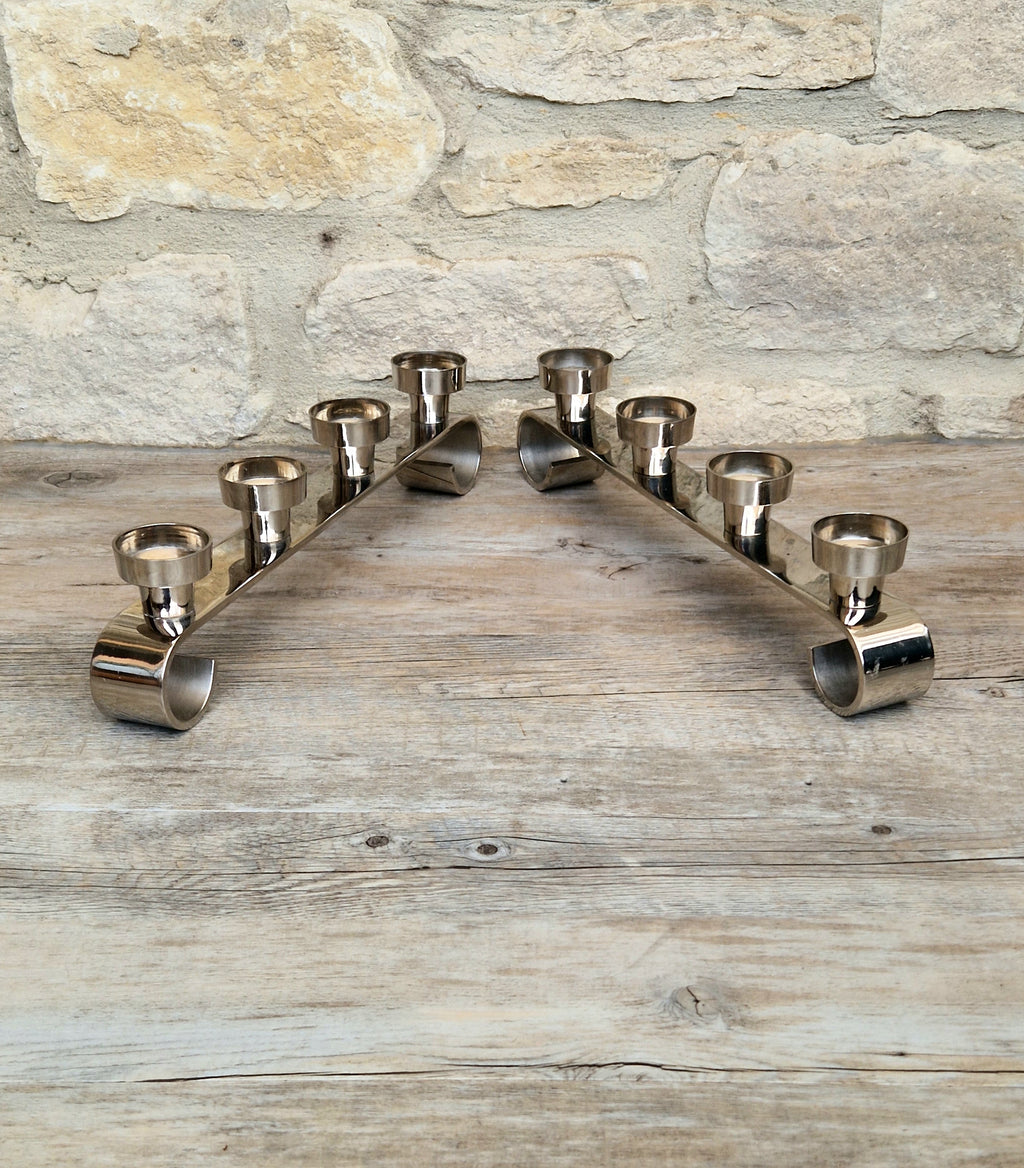 Pair MCM Futurist Chromed Stainless Steel Candle Holders Multi Candelabra Tealight Holders