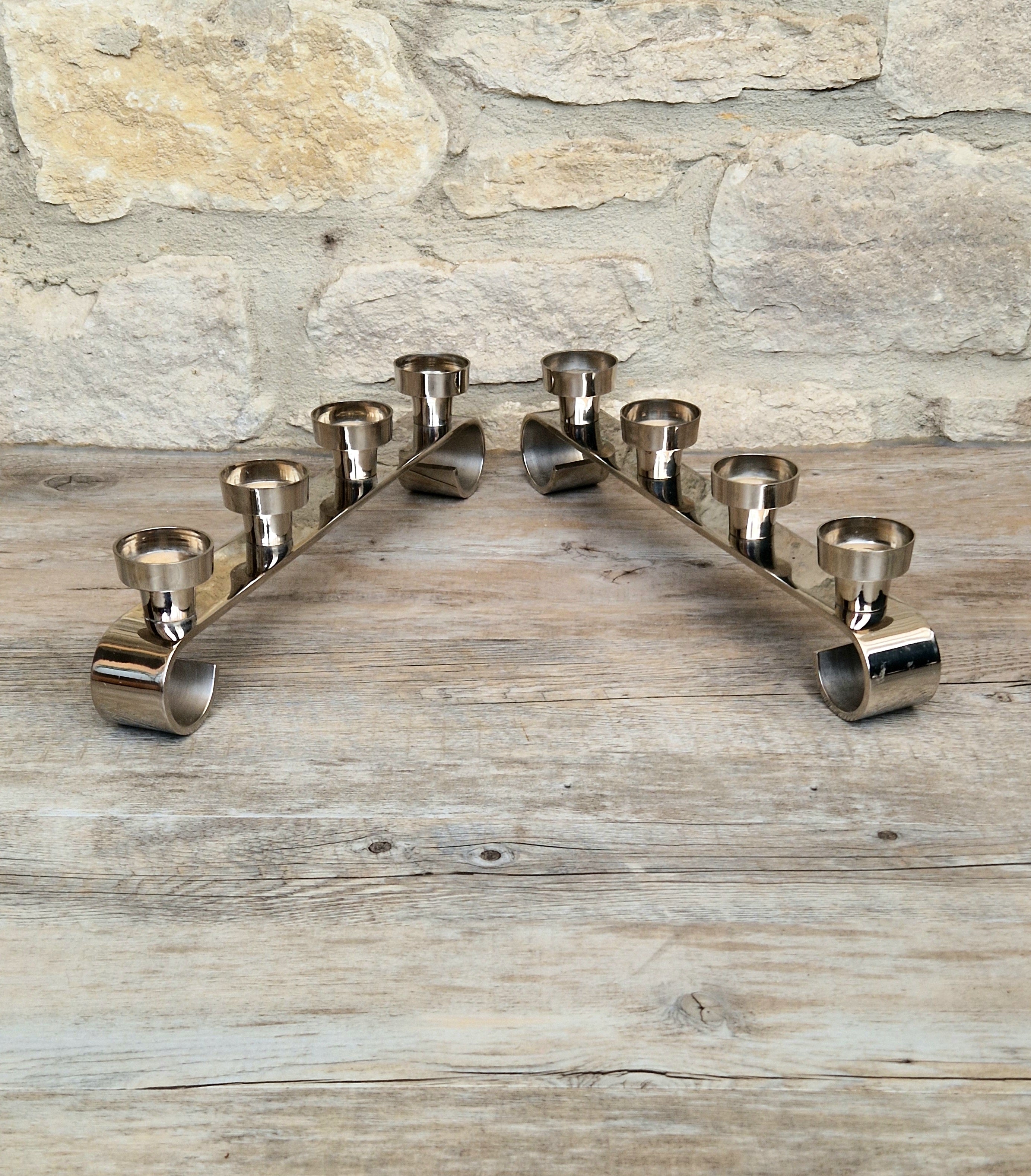 Pair MCM Futurist Chromed Stainless Steel Candle Holders Multi Candelabra Tealight Holders