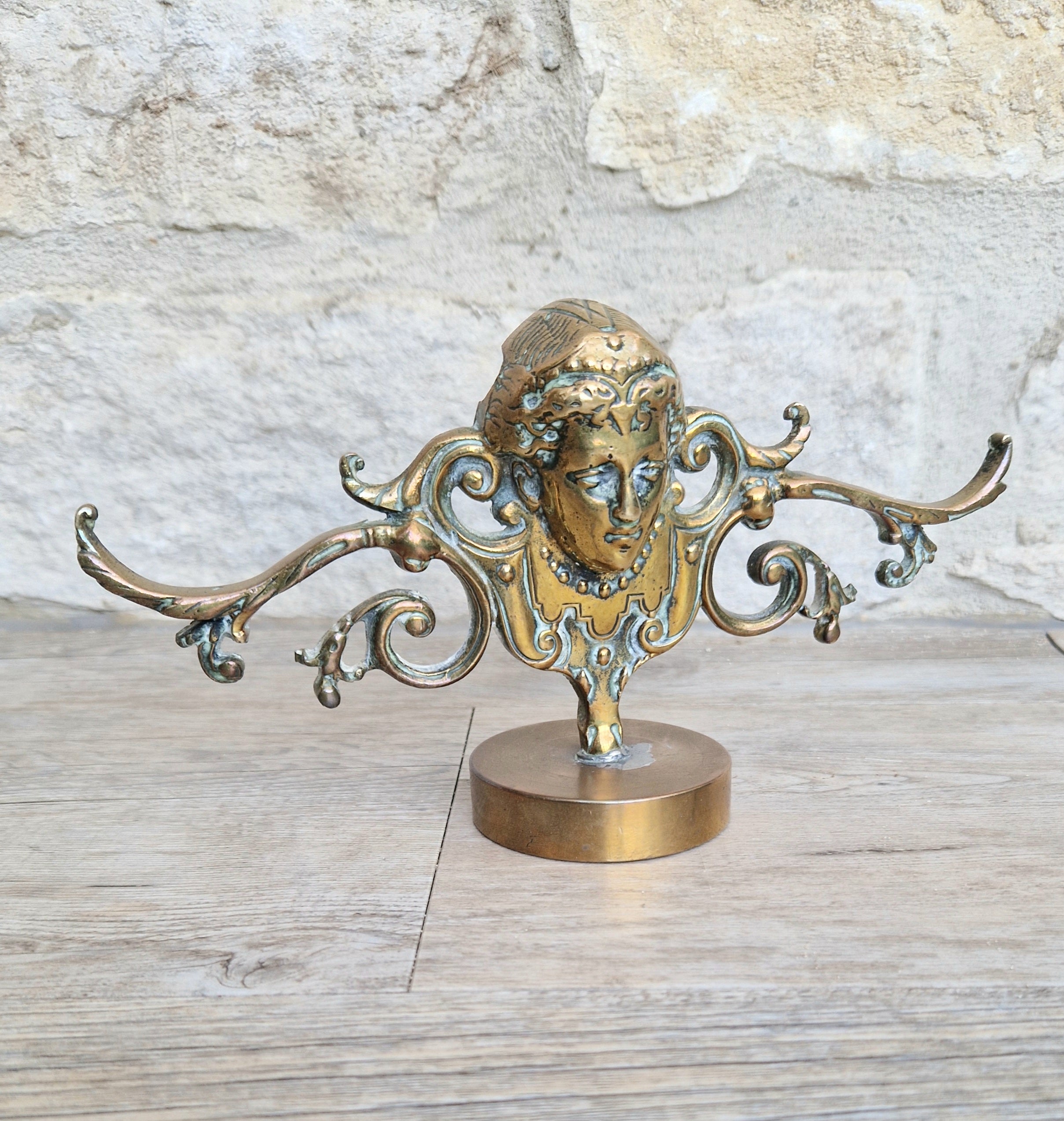 Brass Neo Classical Female Figural Pediment Mounted On Heavy Antique Paperweight