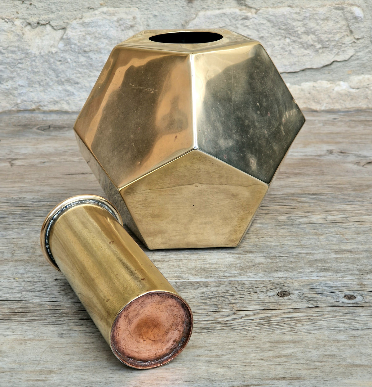 Antique Geometric Brass Dodecahedron Vase Secessionist Jugendstil Planter With Copper Removable Insert Liner
