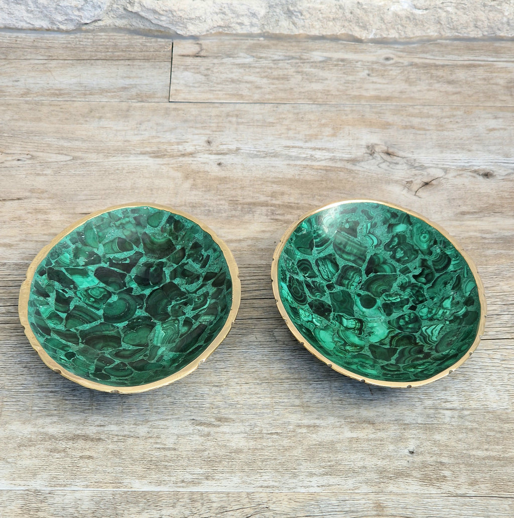 Pair of Stunning Fine Midcentury Malachite & Brass Oval Vide Poche Catch-All Decorative Bowls