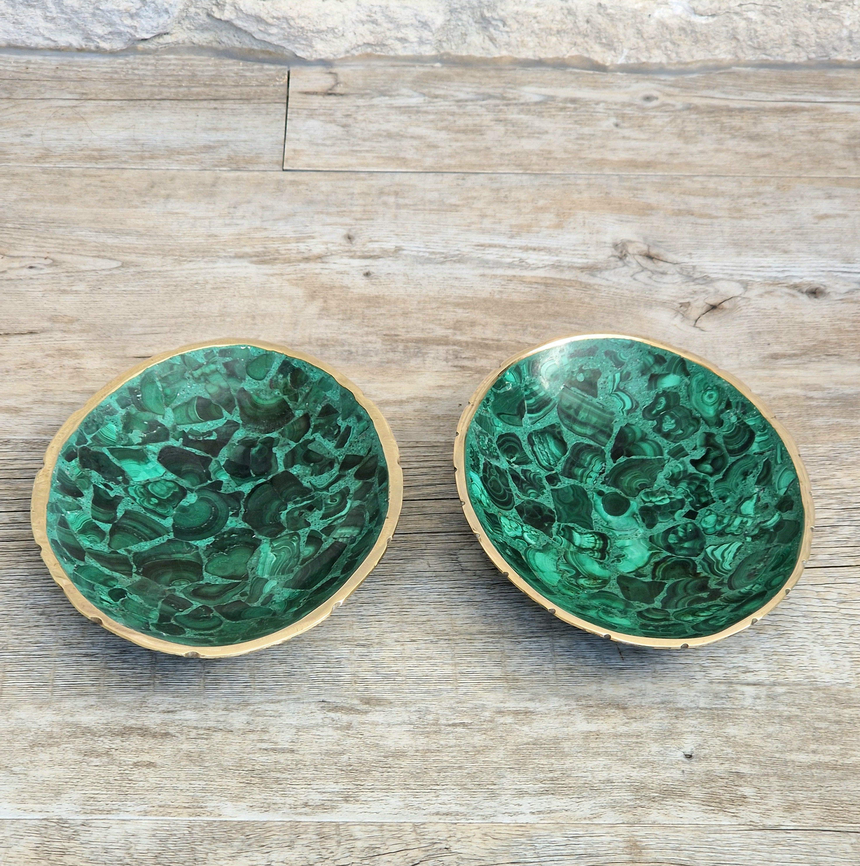 Pair of Stunning Fine Midcentury Malachite & Brass Oval Vide Poche Catch-All Decorative Bowls