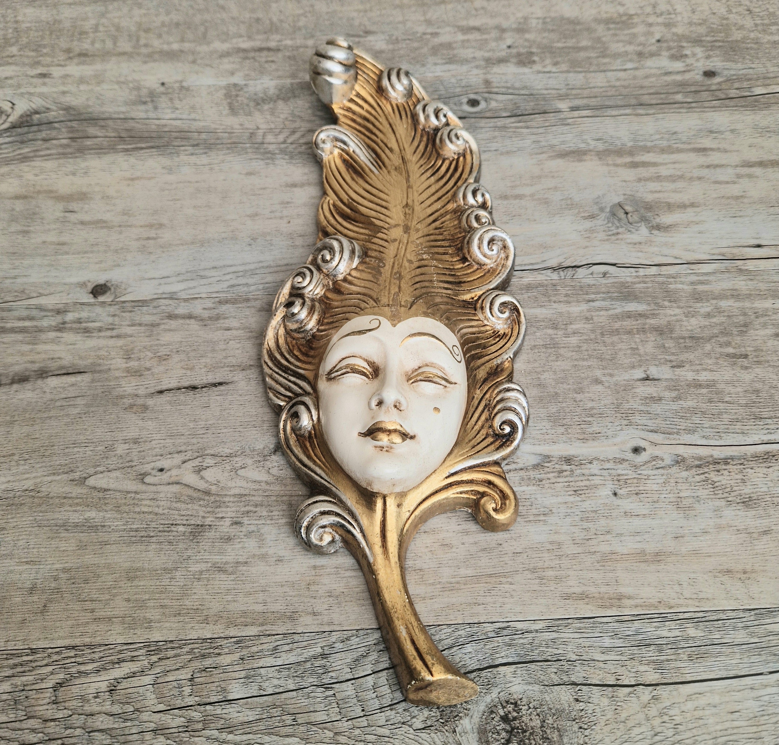 Vintage Venetian Wall Mask Feather Leaf Ceramic Gold Silver Made Italy 38cm Long