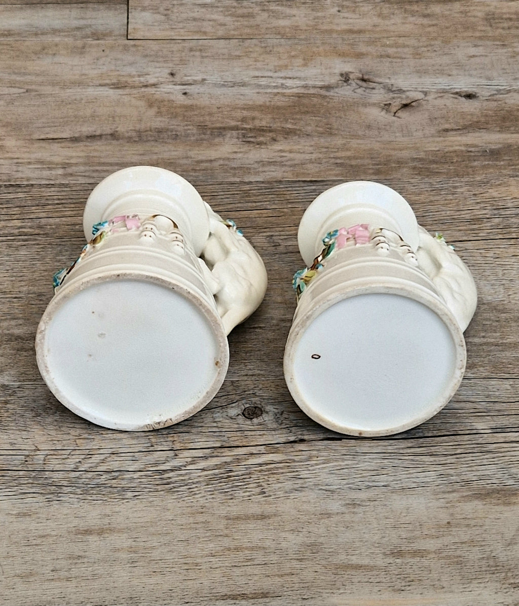 Antique Copeland Porcelain Cat Cream Churn Vases Pair Floral Applied Flowers Gilt 19th Century