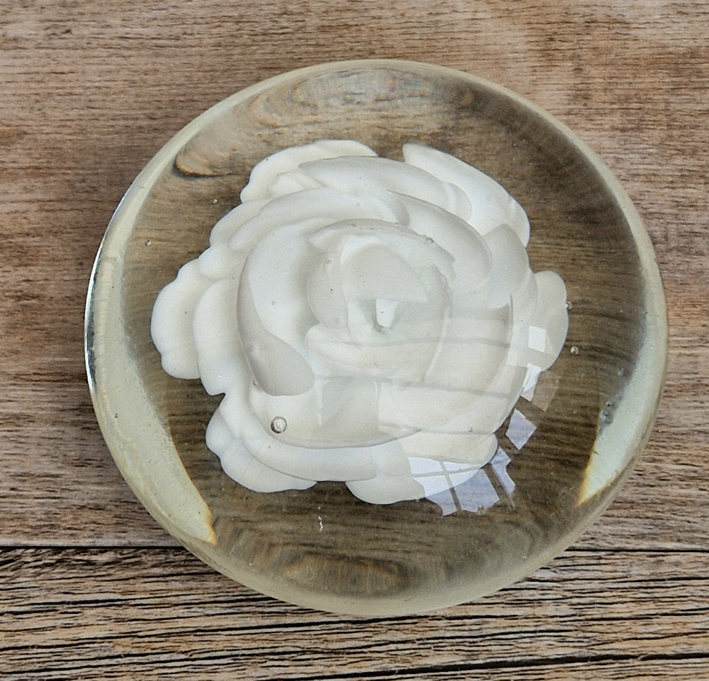 Vintage White Rose Lenticular Glass Paperweight