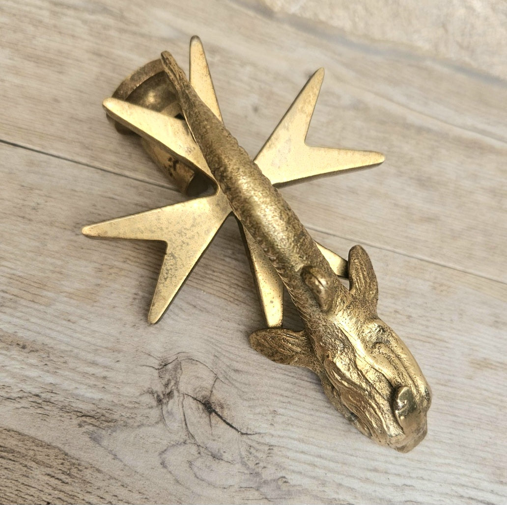 Vintage Malta Cutajar Works Brass Dolphin Door Knocker with Maltese Cross, Rare Figural Door Furniture