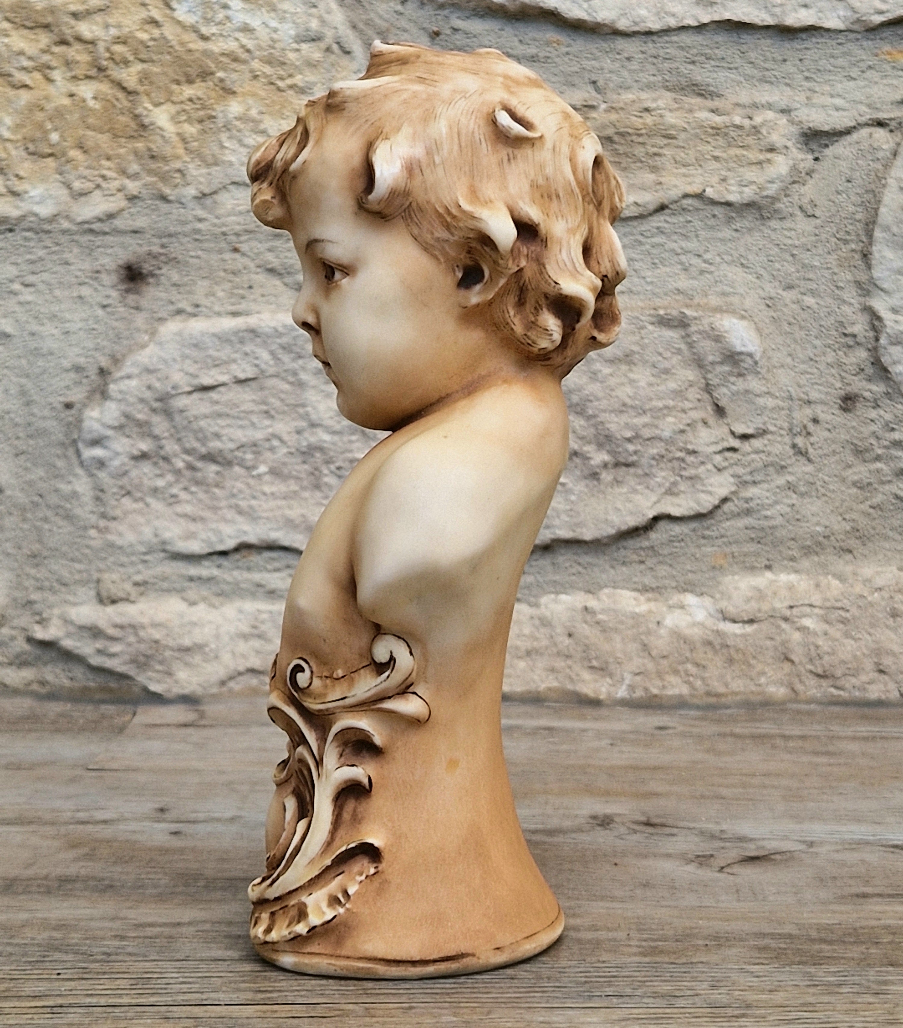 Antique NeoClassical Continental Patinated Bisque Porcelain Putti Boy Bust Figure Ornament