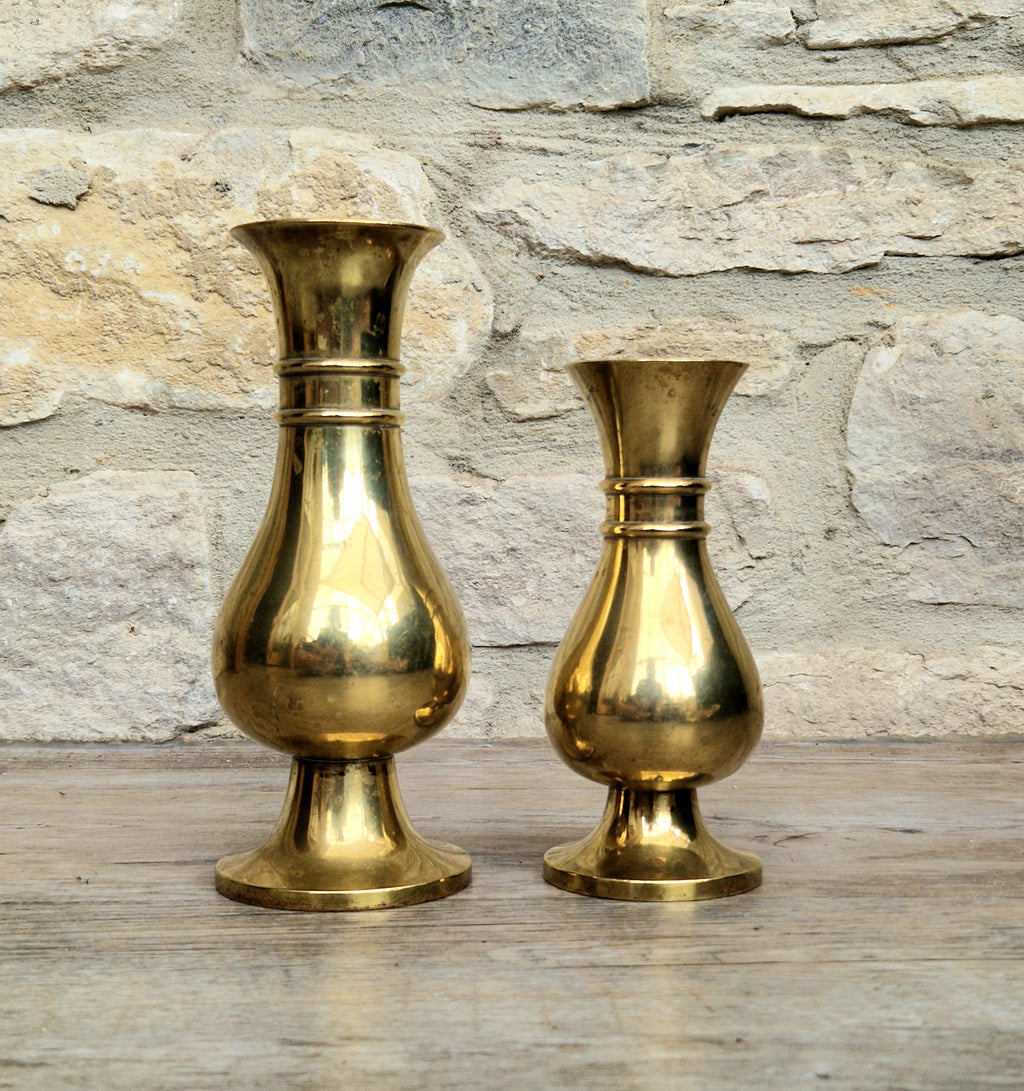 Antique Brass Altar Vases Flared Rim Heavy Pedestal Ecclesiastical Decor Early 20th C.