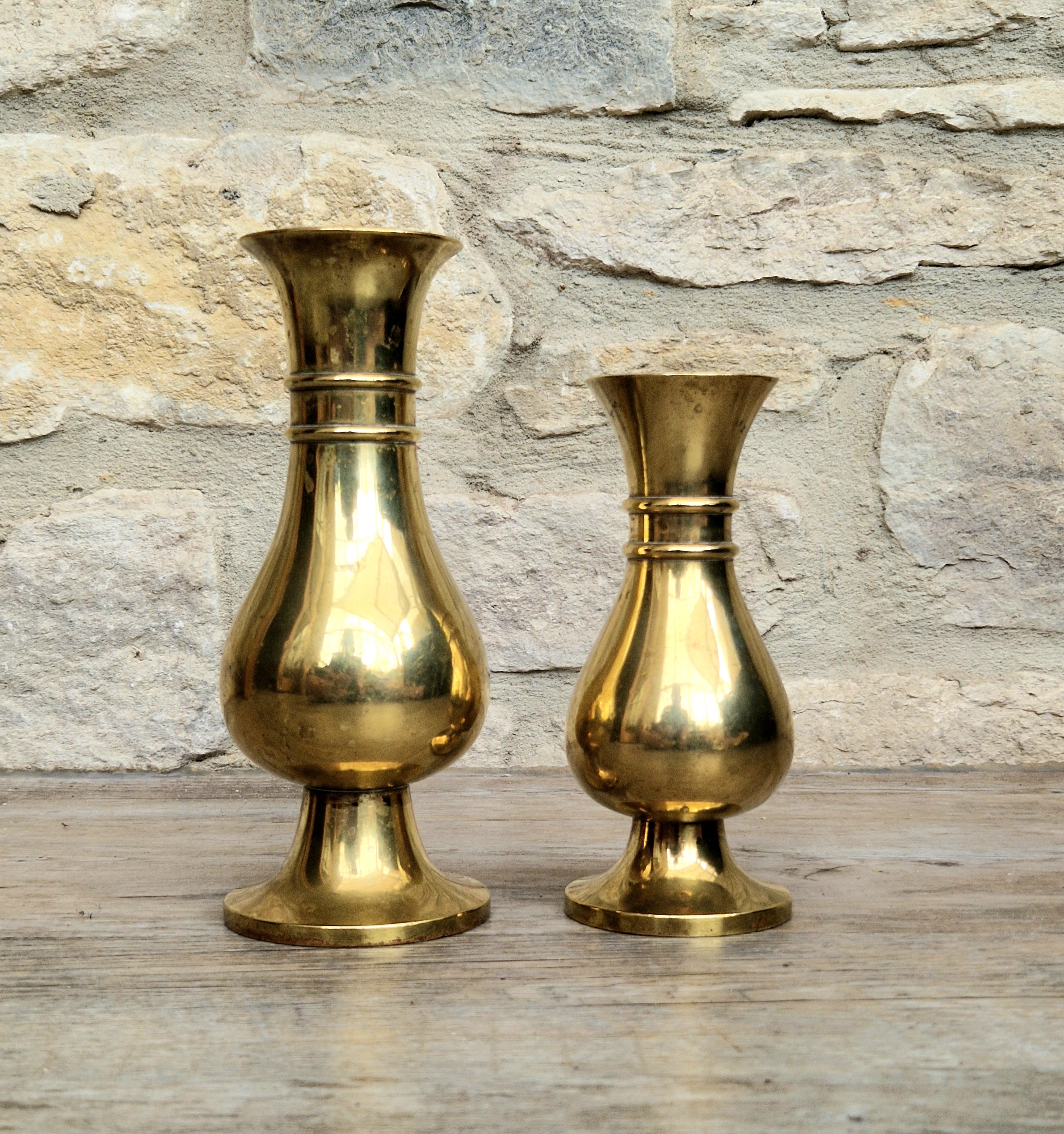 Antique Brass Altar Vases Flared Rim Heavy Pedestal Ecclesiastical Decor Early 20th C.
