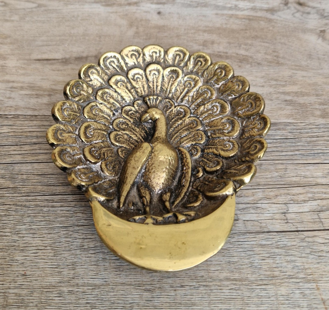 Vintage Brass Peacock Trinket Dish Ornate Bird Jewelry Tray Gold Tone Decor