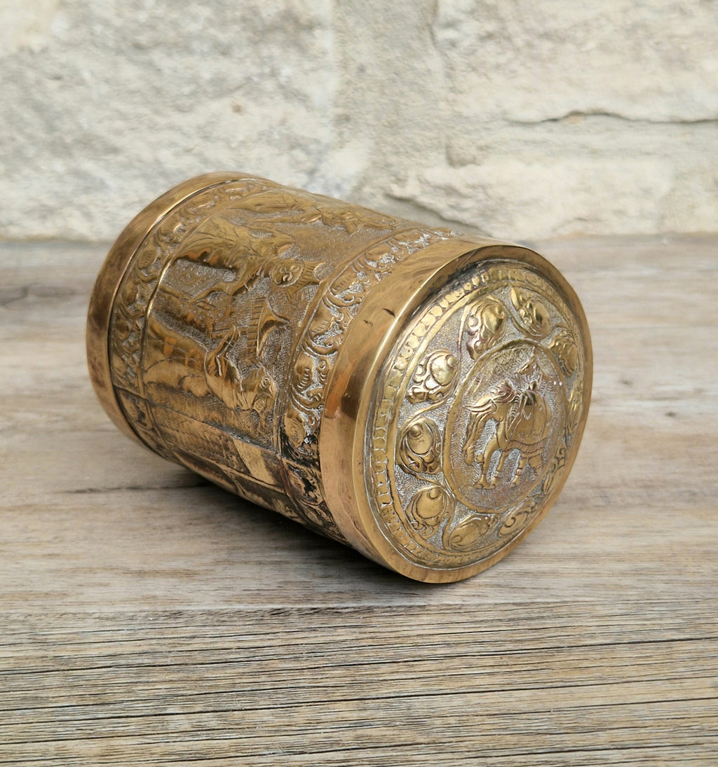 19th Century Brass Rapousse Betel Nut Lidded Decorative Canister