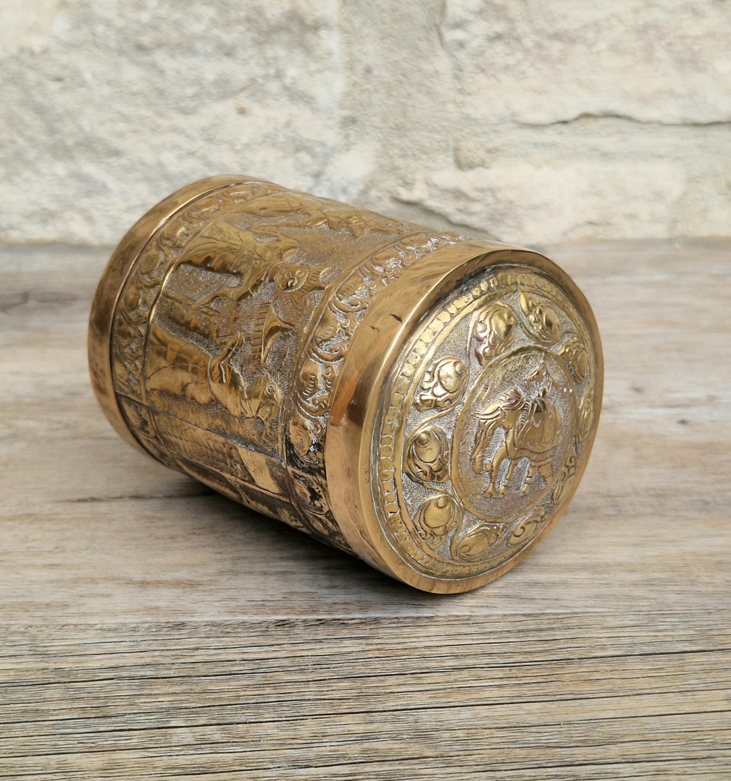 19th Century Brass Rapousse Betel Nut Lidded Decorative Canister