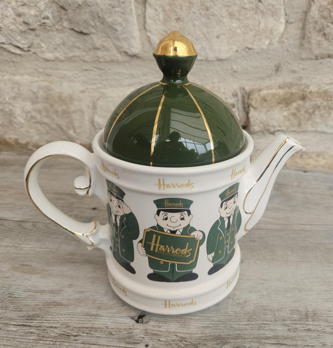 Vintage Harrods Teapot Green & Gold Doormen Motif, James Sadler England Harrods Logo