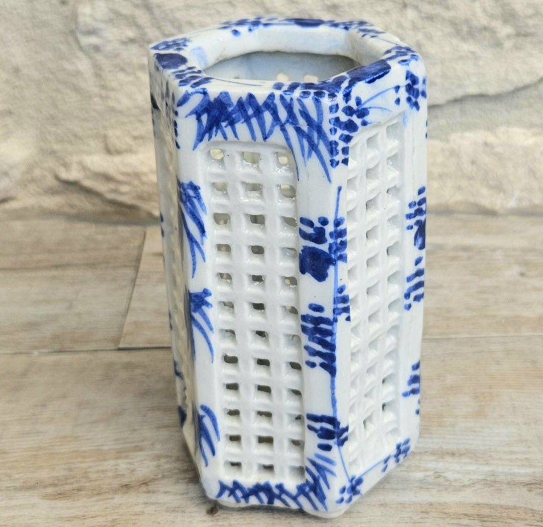 Vintage Japanese Porcelain Pen Pot Calligraphy Brush Holder Cricket Cage Vase Blue White Chinoiserie Decor