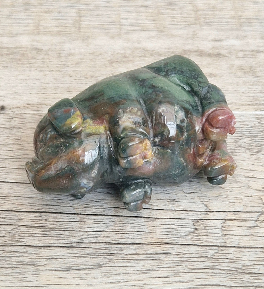 Vintage Fine Carved Moss Agate Standing Pig Figure Ornament 6.3cm