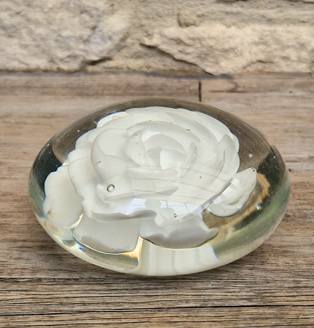 Vintage White Rose Lenticular Glass Paperweight