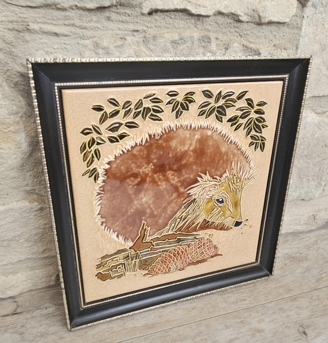 Large Framed Majolica Hedgehog Tile Wall Hanging Vintage Made in England Cottagecore Woodland Decor
