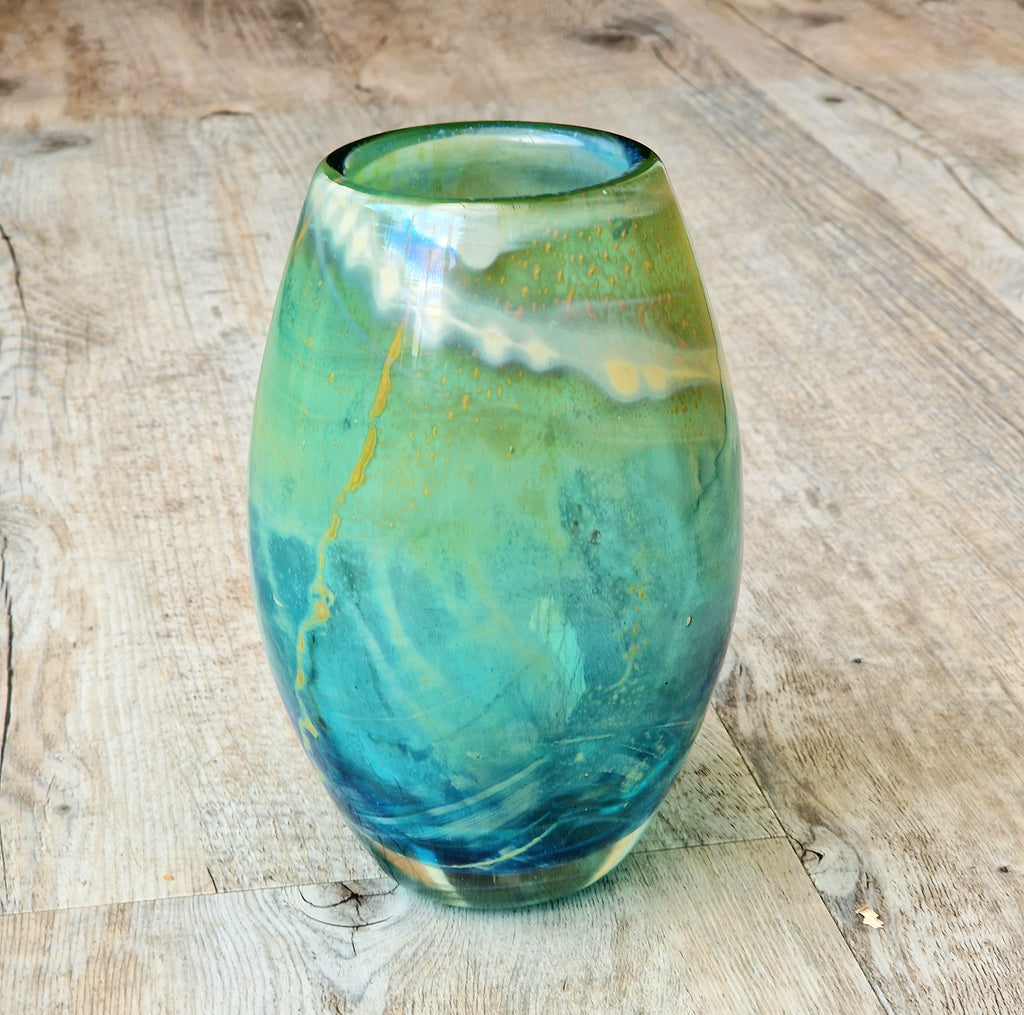 Vintage Mdina Maltese Art Glass Tiger Vase 16cm Signed Mid Century Blue Green 1kg