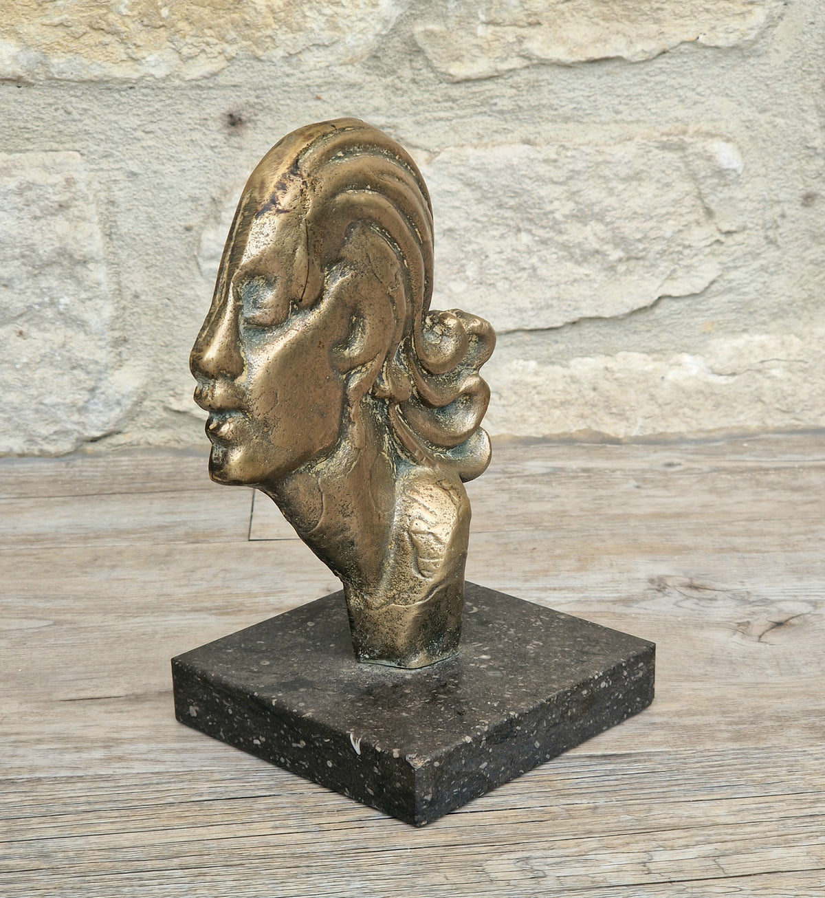 Art Deco Cast Bronze Girl's Head Profile Black Marble Mounted Desk Sculpture