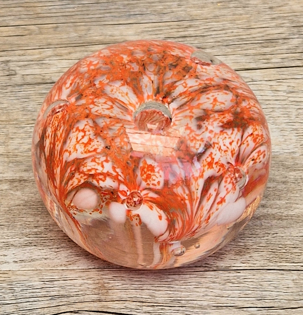 Vintage Rare Liskeard Glass Cornwall Orange & White Bubble Sphere Paperweight 1975