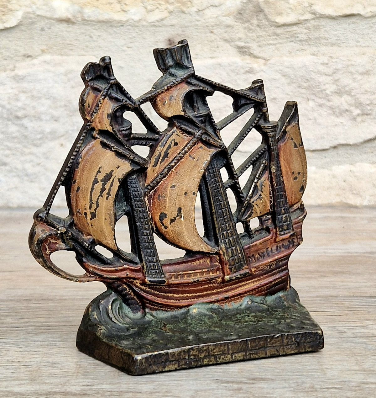 1920s Antique Sand Cast Bronze Mayflower Ship Bookend Paperweight Pattern 110 Original Paint