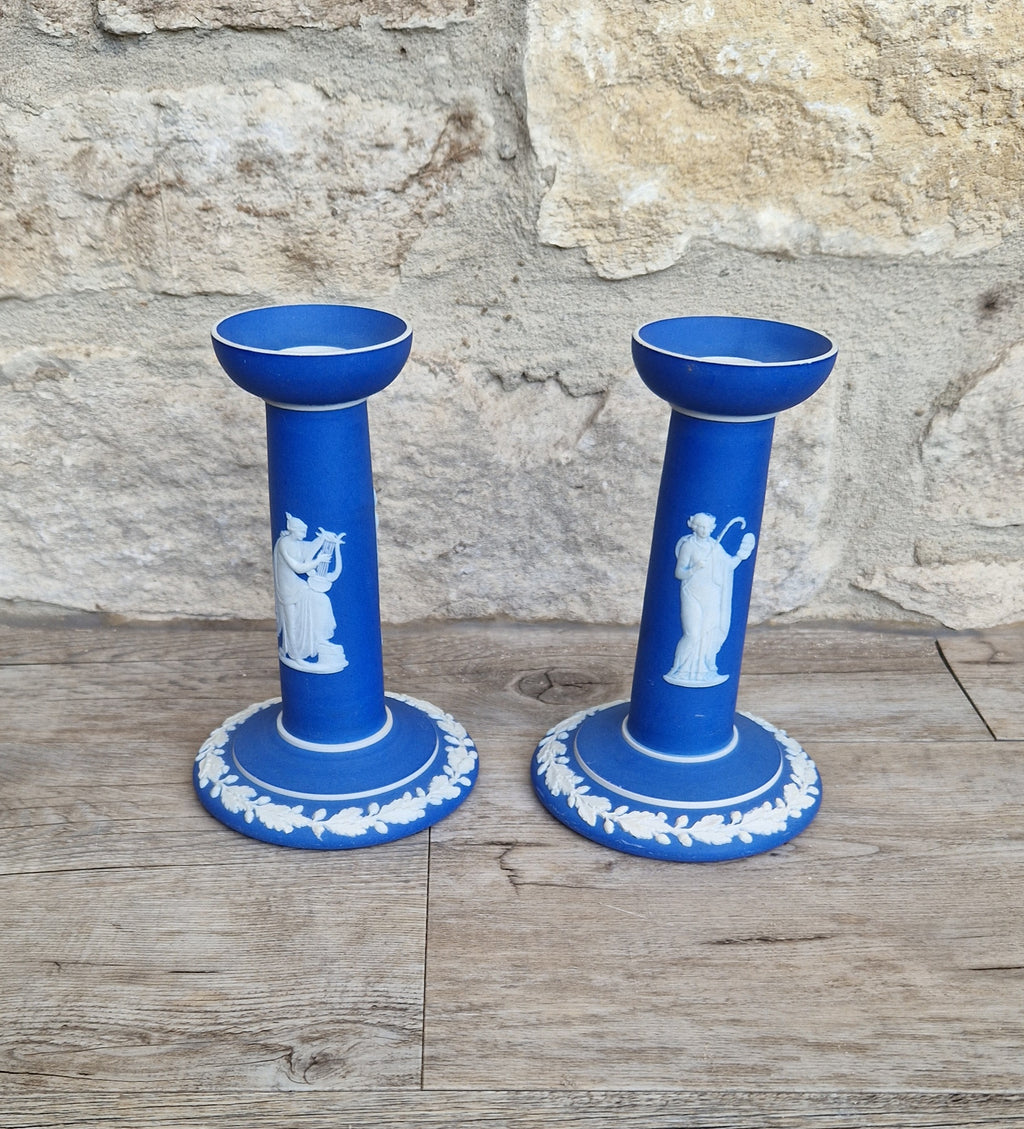 Vintage Wedgwood Jasperware Candlestick Pair: Dark Blue Taper Candle Holders