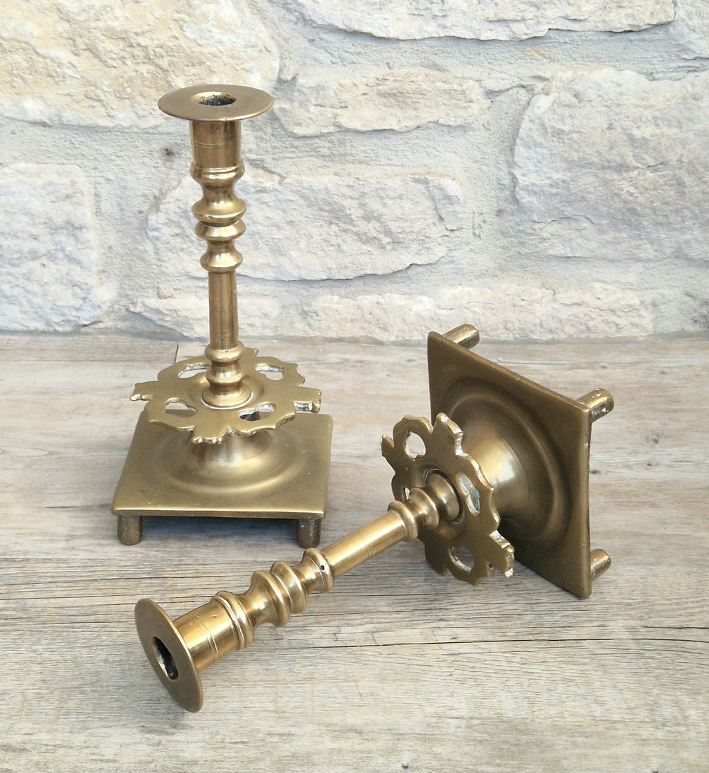 18th Century Solid Turned Brass Russian Sabbat Candle Holder Sticks Very Rare
