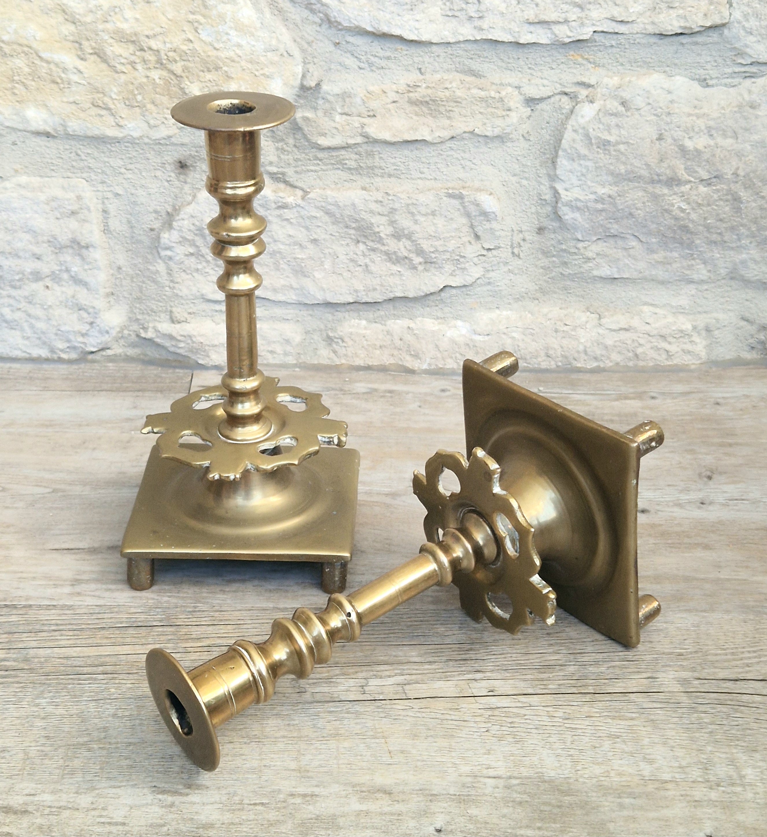 18th Century Solid Turned Brass Russian Sabbat Candle Holder Sticks Very Rare