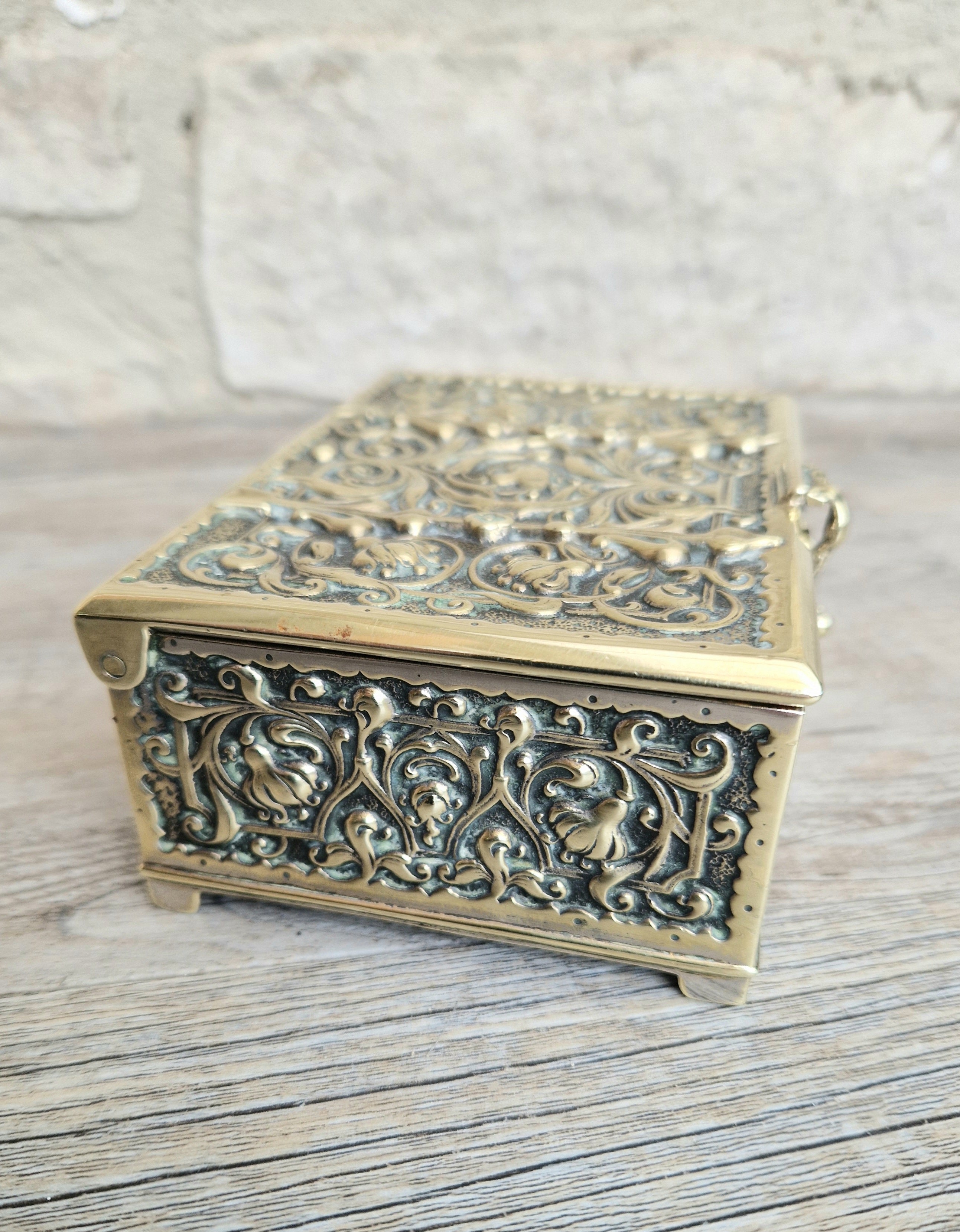 Antique Erhard & Söhne Silvered Brass High Relief Rapousse Renaissance Revival Clasp Casket Box