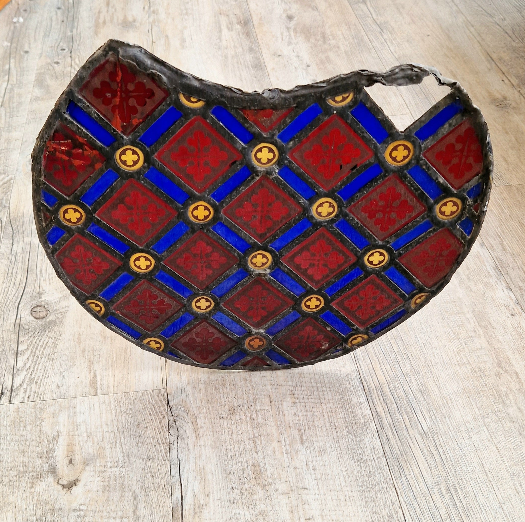 Rare Antique Early 19th Century French Gothic Revival Stained Glass Roundel Panel - Medieval Style Diaper Pattern