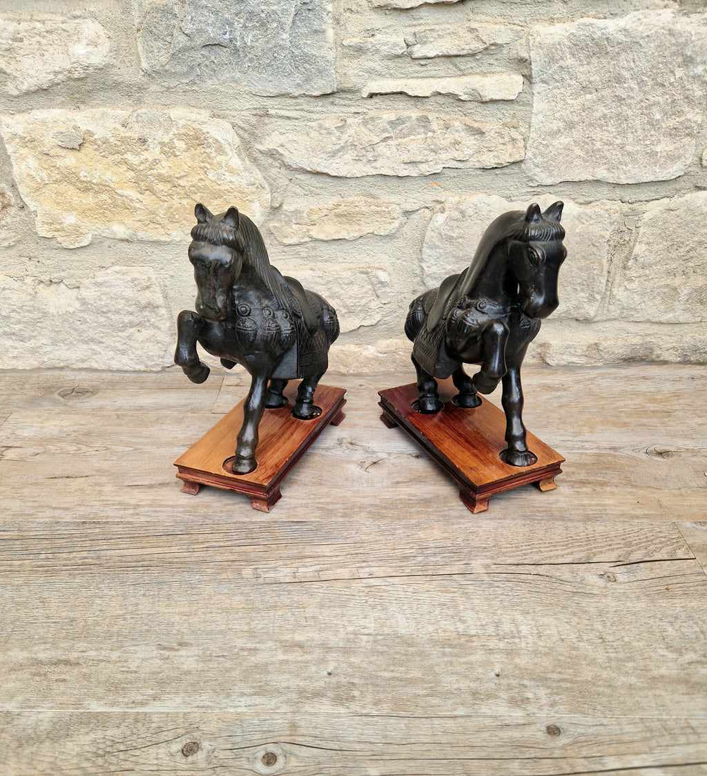 Fine Pair of Vintage Heavy Cast Bronze Tang-Style Chinese Horse Sculptures On Wooden Plinths