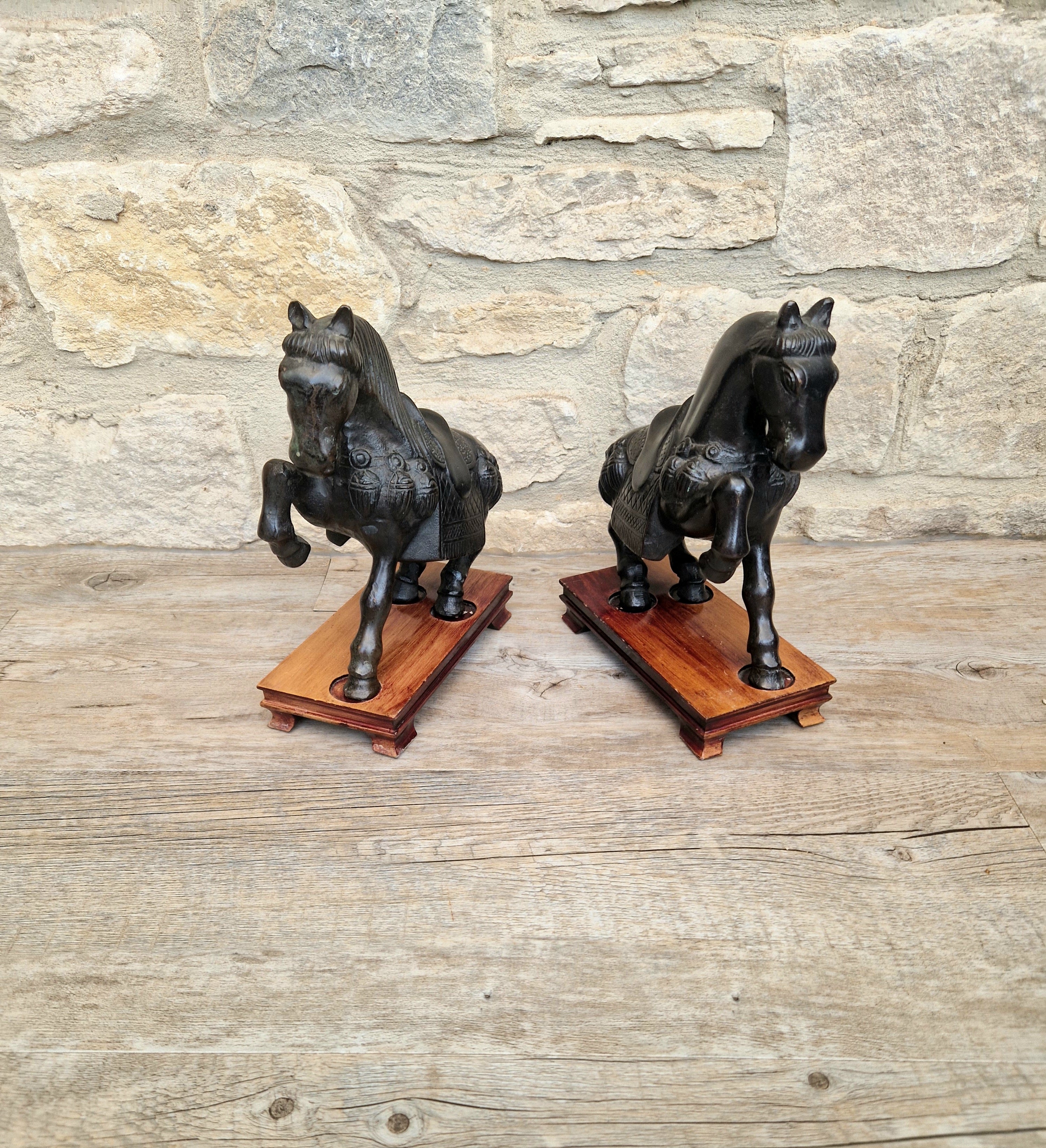 Fine Pair of Vintage Heavy Cast Bronze Tang-Style Chinese Horse Sculptures On Wooden Plinths