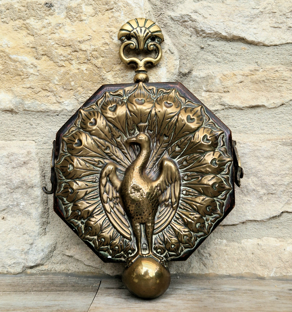 Fine Rare Antique Repousse Brass Peacock Finial English Aesthetic Movement Fumed Oak Decorative Plaque