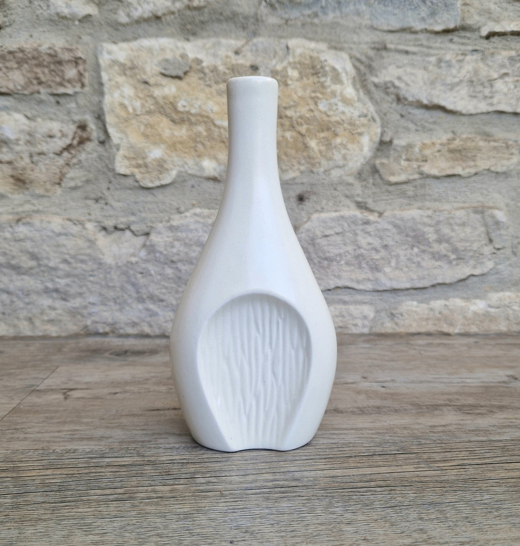 Fulham Pottery White Vase Satin Glaze Textured Cut Away Design Stem Vase Vintage