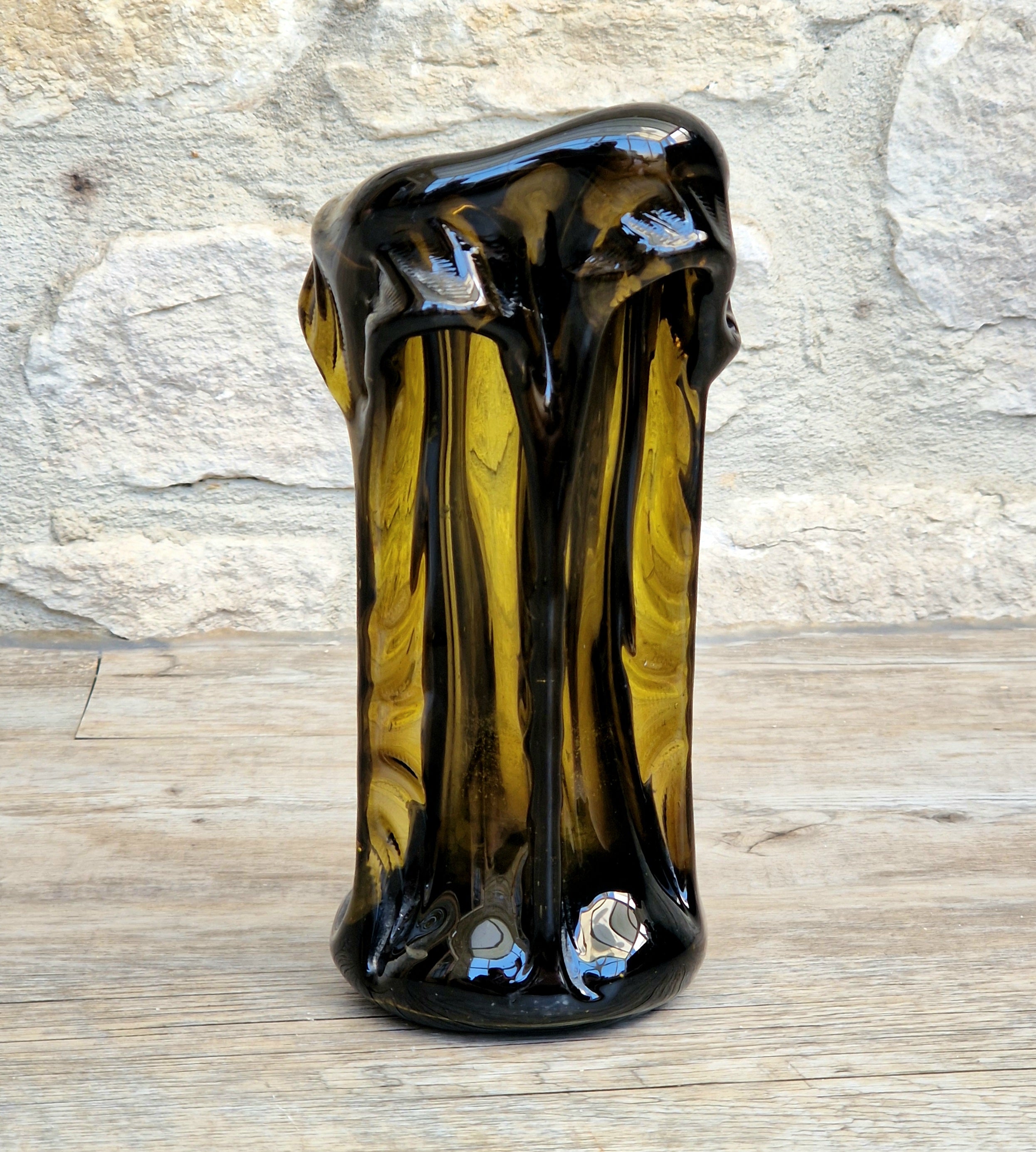 Vintage 1970s Polish Wołomin Hand Blown Smoked Amber Art Glass Pulled Freeform Ribbed Vase Rare Piece