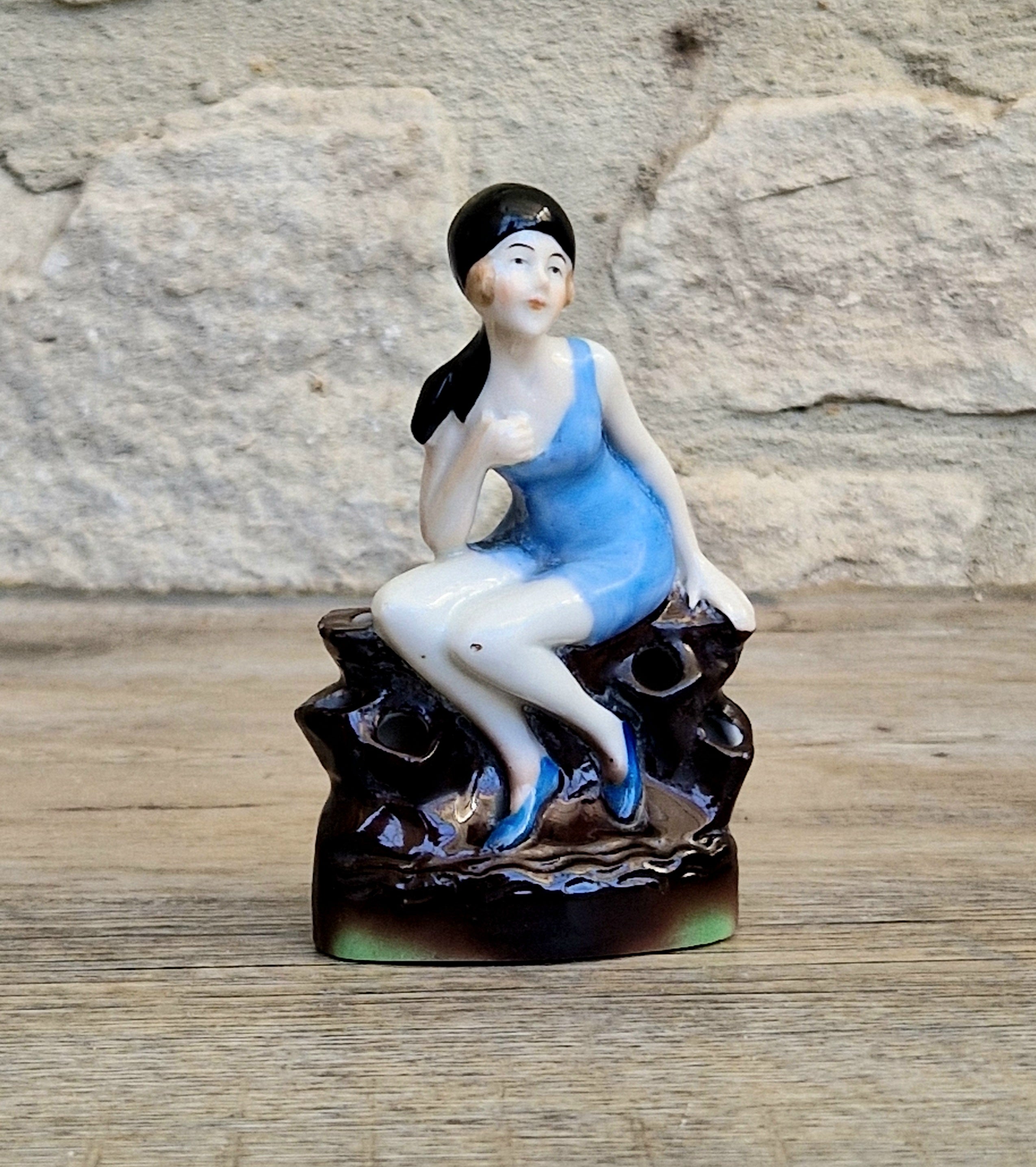 Art Deco Flapper Girl Bathing Belle Figure Ornament Ceramic Hat Pin Holder Continental 1930's