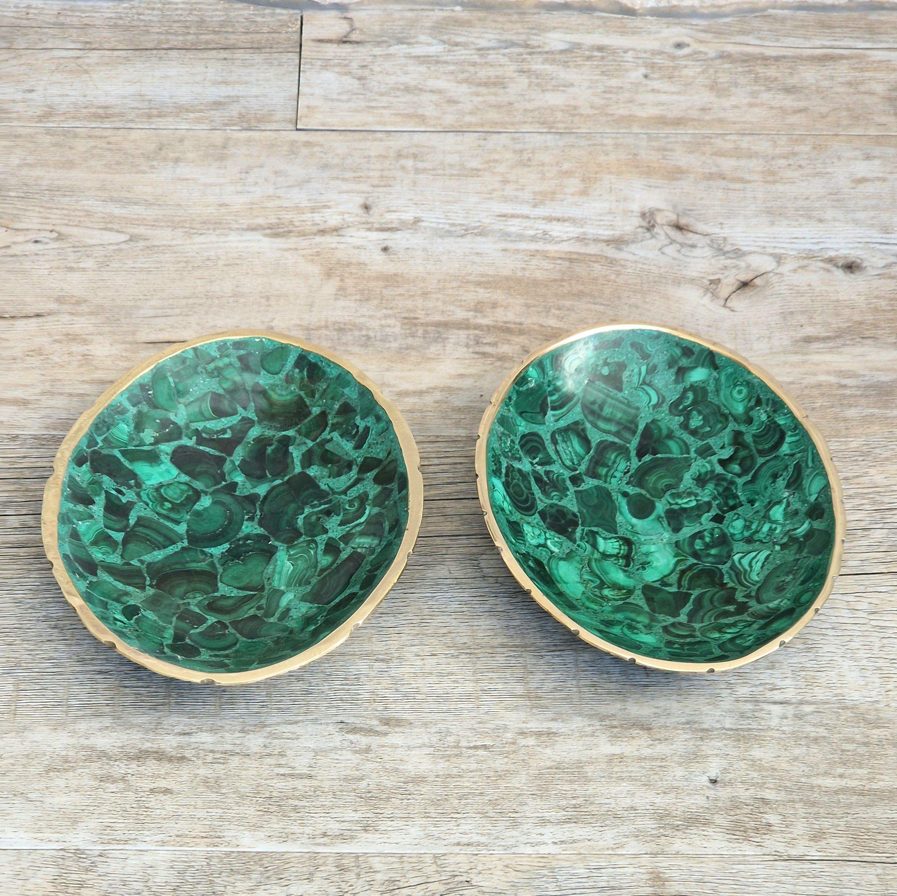 Pair of Stunning Fine Midcentury Malachite & Brass Oval Vide Poche Catch-All Decorative Bowls