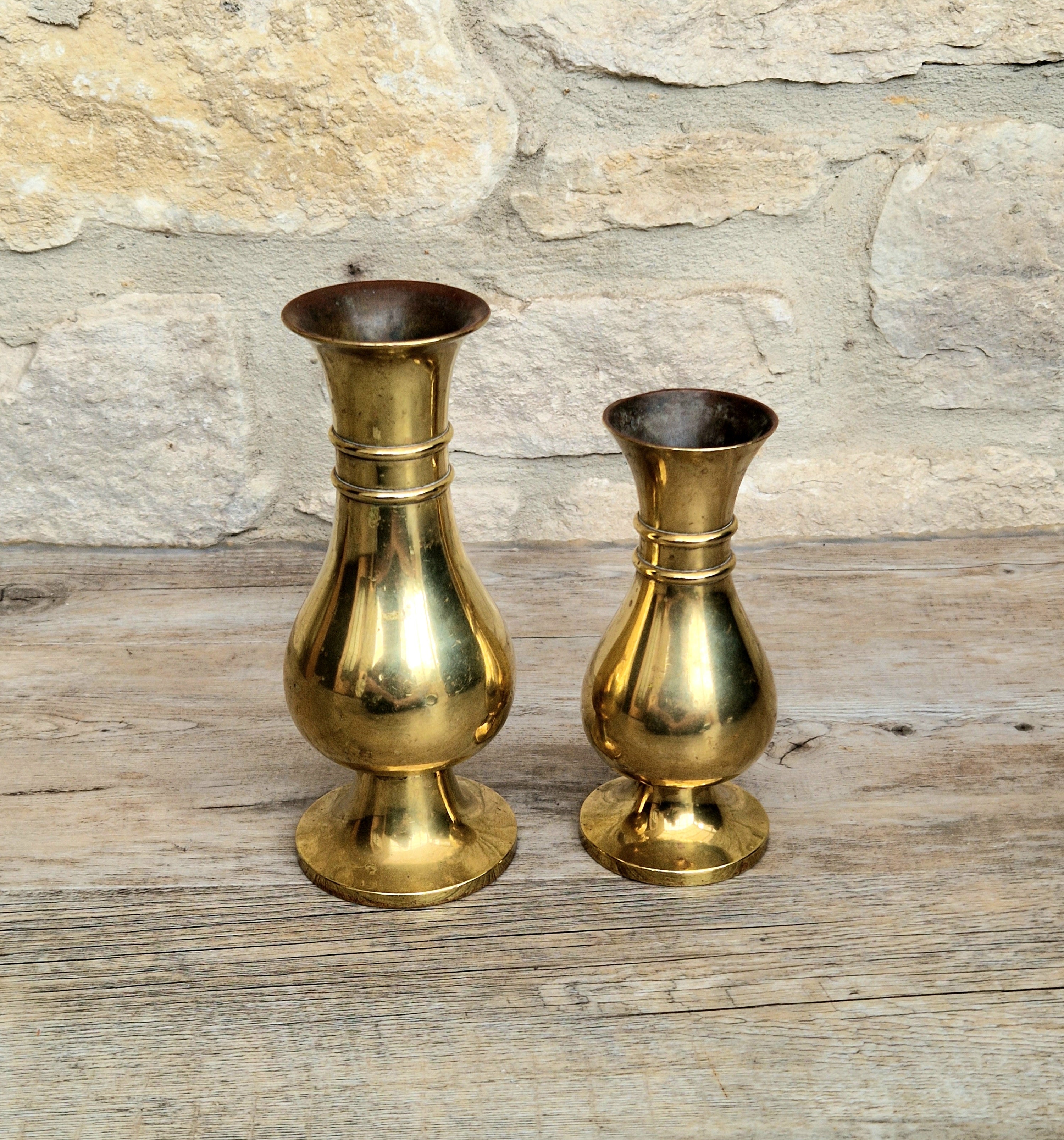 Antique Brass Altar Vases Flared Rim Heavy Pedestal Ecclesiastical Decor Early 20th C.