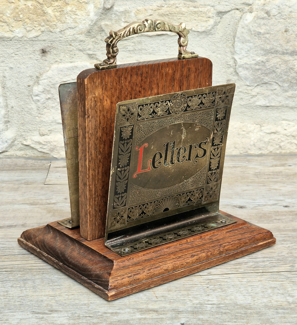 Antique Arts & Crafts Brass And Quarter Sawn Oak Gentleman's Handled Double Letter Rack Stand