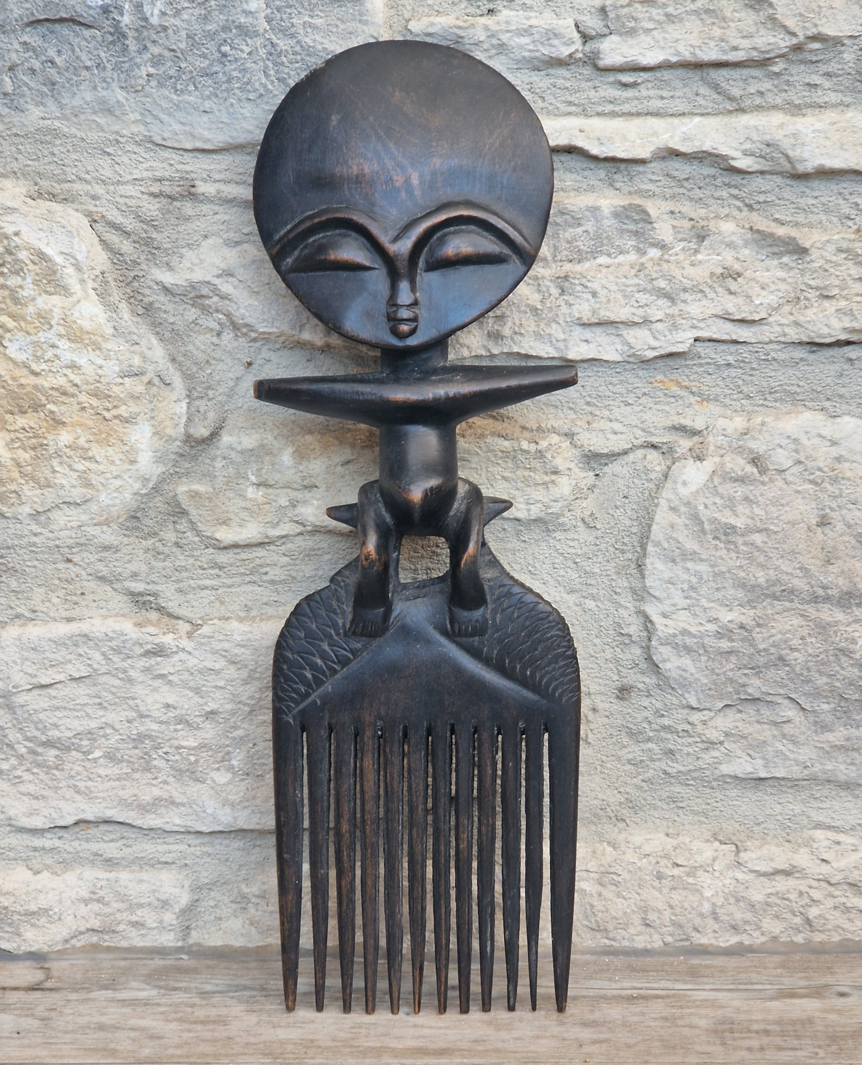 Vintage 31cm Ashanti Wooden Comb Duafe Hand Carved African Tribal Art Ghana Akuaba Doll