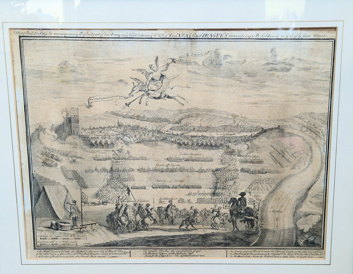 1742 Prague Siege Antique Copperplate Engraving John Bickham Military Battle Map Satire Print Framed