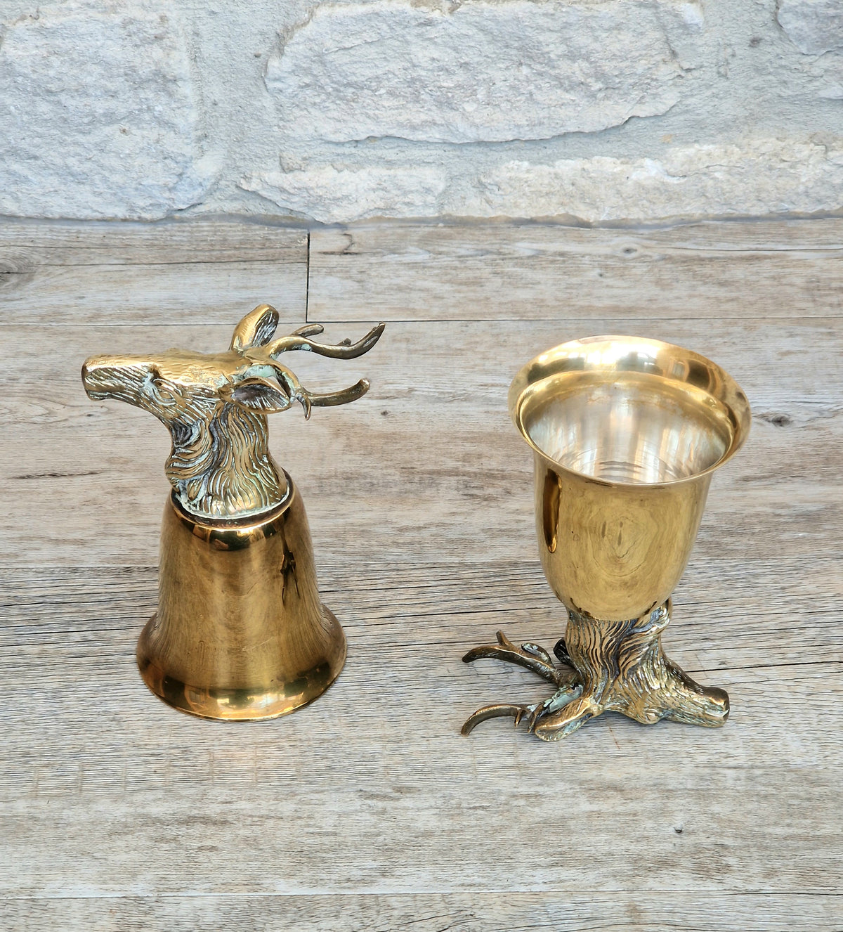 Pair Vintage Brass Stag Stirrup Cups Silver Plated Interiors Naturally Patinated Hunting Barware 1970s