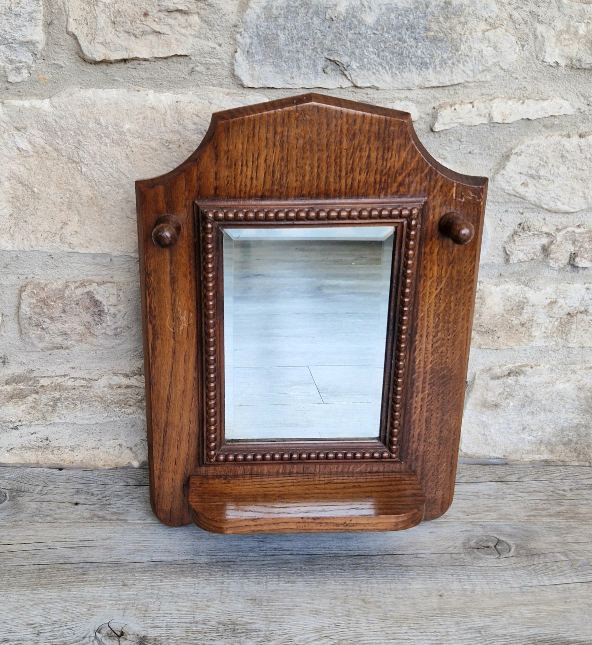 English Oak Arts & Crafts Wall Mirror Bevelled And Beaded Antique Mirror With Shelf And Hooks