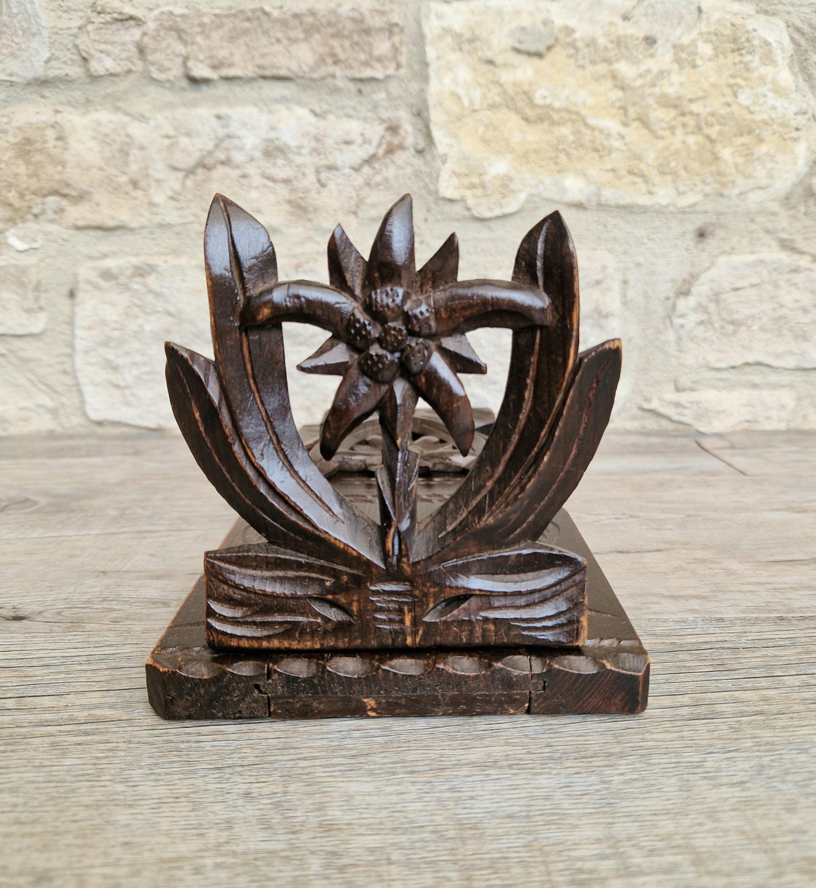 Antique Black Forest Carved Bookslide Continental Fruitwood Extending Book Shelf Rest c.1910