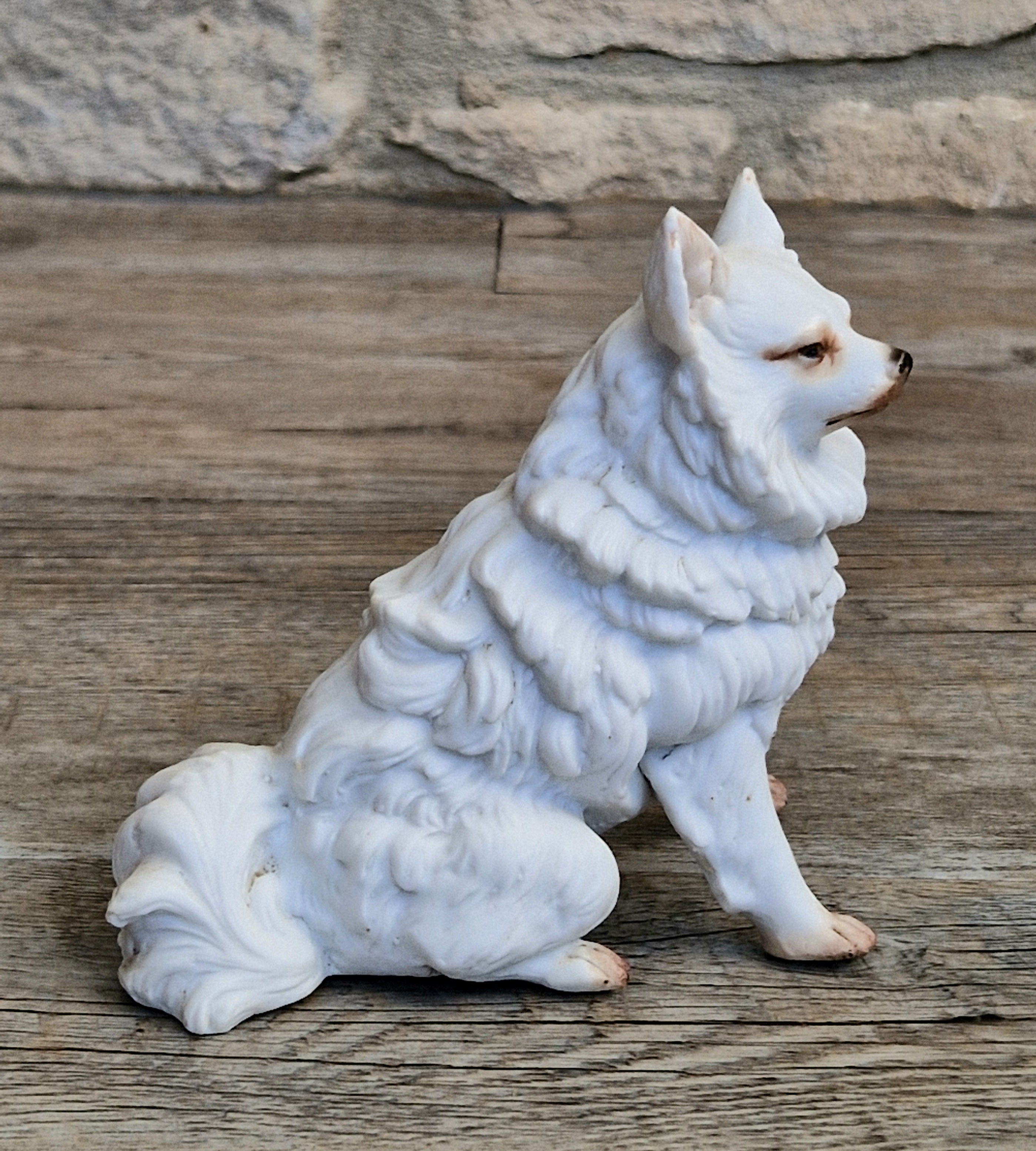 Antique Heubach Bisque Sitting Spitz Dog: German Figure, Circa 1864-1880