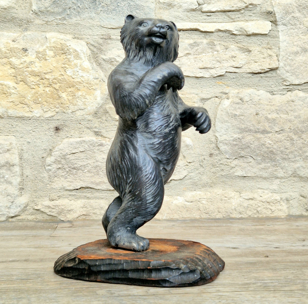 Cast Spelter Standing Bear Sculpture On Rustic Wood Base Rare Antique Art Deco